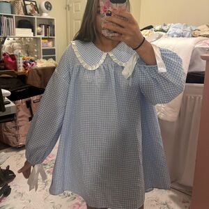 Blue Gingham Dress with White Accents